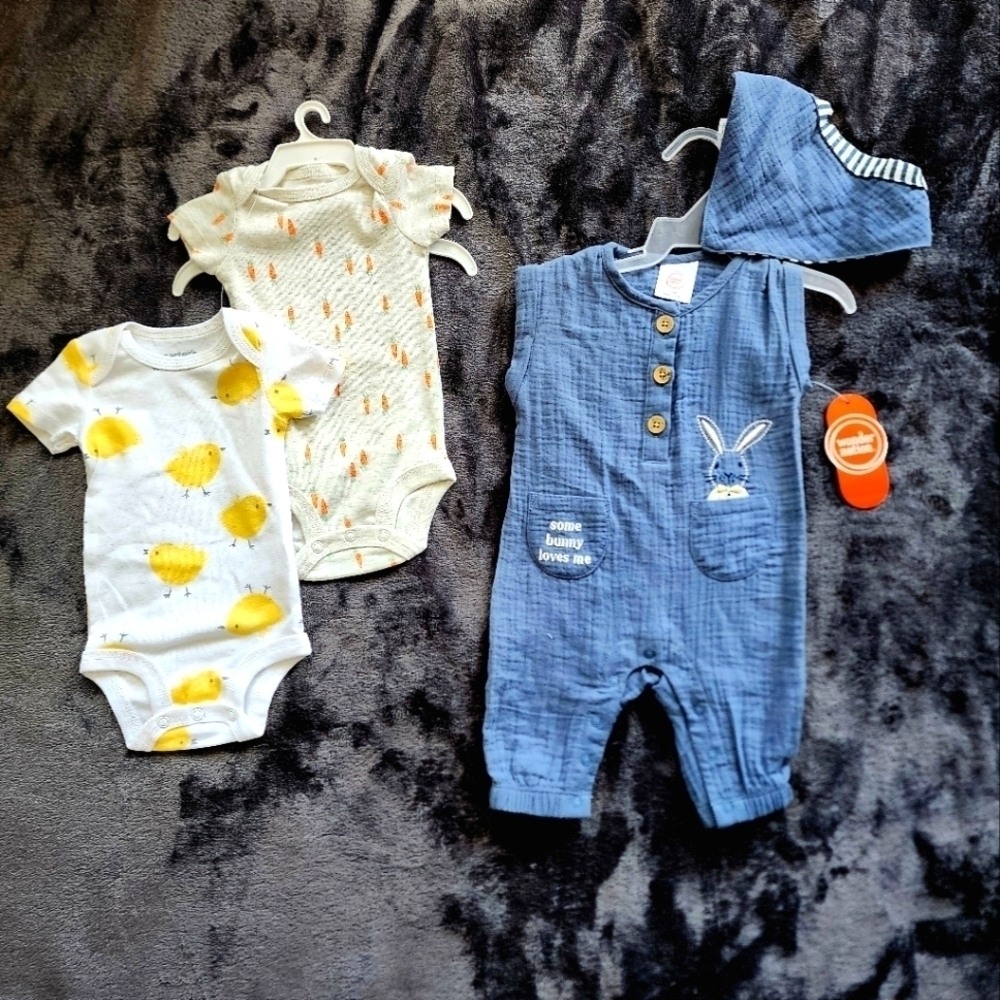 NWT baby boy Easter / spring/ summer clothes bundle,  oncies & romper set, 3/6m